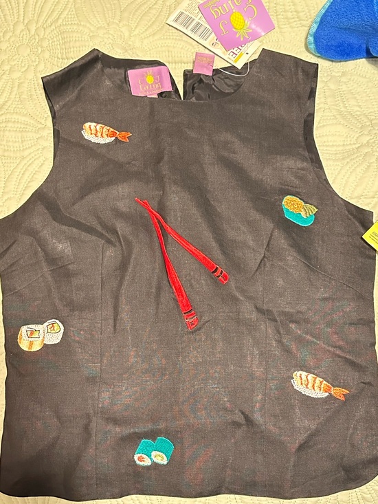 Cj Laing Tops - Novelty Sushi Embroidered Black Sleeveless Top — Linen